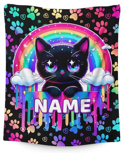 GiftRomance Personalisierte Kuscheldecke mit Name für Mädchen – Weiche Fleece Decke mit schwarzer Katze Motiv, Kinderdecke für Sofa, Bett, Reisen, Geschenk Idee