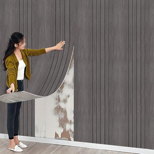 Anttyscar 6Roll Self-Adhesive Wall Panels Peel and Stick Wall Panels Dark Grey 3D Wood Grain Texture Wallpaper, Three-Dimensional Lines, 3mm Thick Contact Paper for Living Room,Bedroom, 40x300CM