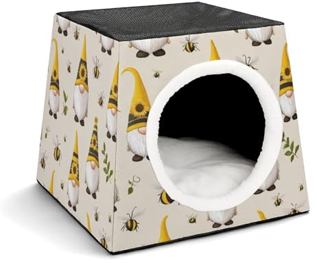 100% BLUE COLLAR Indoor Hideout House Cute Gnomes Bees Sunflowers Print Warm Soft Kitten Caves Bed Cozy Kitten Tent with Non-Slip Bottom
