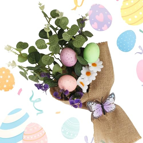 JINXIAN Ramo de Pascua artificial de 35 cm con huevos de Pascua moteados, mariposas moradas y LED, decoración interior para ventana, mesa para regalos de Pascua, accesorios de fotos y decoración de