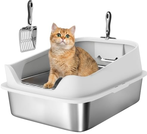 PawHut Katzentoilette Edelstahl XXL für Katzen 60,2 x 40,2 x 29,7 cm Grau | Edelstahl, Offene Katzenklo Ohne Deckel, Mit Schaufel, Hohem Rand, Cat Litter Box, Bis 7 kg