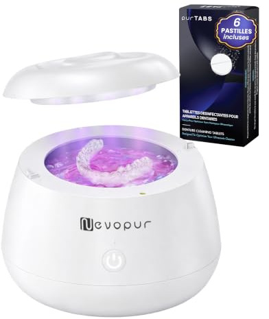 Nettoyeur Ultrason Appareil Dentaire purDENTAL by NEVOPUR – 48 kHz UV, Bac Inox 200 mL – Nettoyant Gouttière, Dentier, Prothèse, Aligneur – 6 purTABS inclus (tablettes nettoyantes)