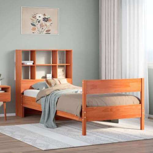 kithwjll Massivholzbett mit Regal, Kiefer Massivholz, Wachsbraun, 75x190 cm, Einzelbett, Bettrahmen mit Lattenrost, Stauraum Kopfteil für Bücher