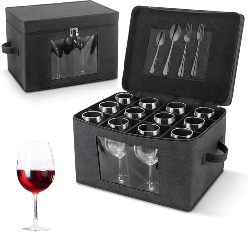M.J COMFY-LIFE Wine Glass Storage Box with Lid, Hard Shell Stemware Storage Container with 12 Dividers, Glassware Packing Box for Moving Crystal Wine Glasses, Champagne Flutes, Drinkware Organizer