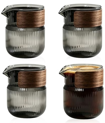 VETOLAKA Juego de 4 jarras de leche pequeñas de 300 ml: cristal de borosilicato de alta calidad, jarra espumador de leche, jarra de leche de 300 ml, para té, café y hogar