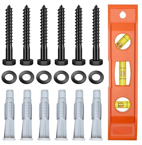 Lot de 6 boulons tire-fond M8 x 65 mm pour support mural TV, vis en acier inoxydable 304 avec chevilles et niveau, finition oxyde noir, kit de quincaillerie pour installation de goujons en bois ou de