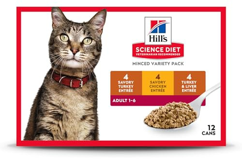 Hill's Science Diet Adult 1-6 Wet Cat Food Variety Pack, Savory Entrée Turkey & Liver, Chicken, and Turkey, 5.5 oz. Cans, 12-Pack