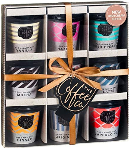 Coffee Gifts - Instant Coffee Hamper | 9x Flavours Mini Travel Takeout Cups |Irish Cream, Salted Caramel, Latte, Mocha and More- Xmas Birthday | Christmas Gifts for Women Men |Drink for Coffee Lovers