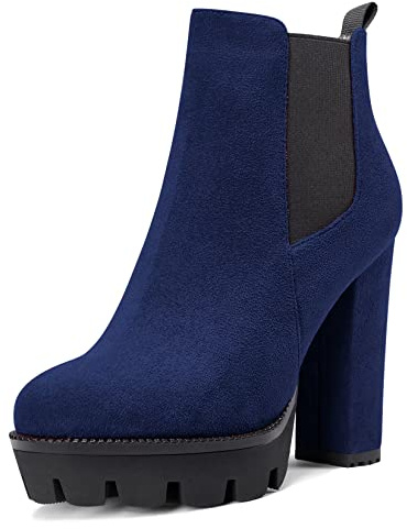 Castamere Donna Alto High Tacco Heel Chunky Blocco Piattaforma Rotonda Punta Stivaletti Slip-on Classico Stivali Blu C 36 EU
