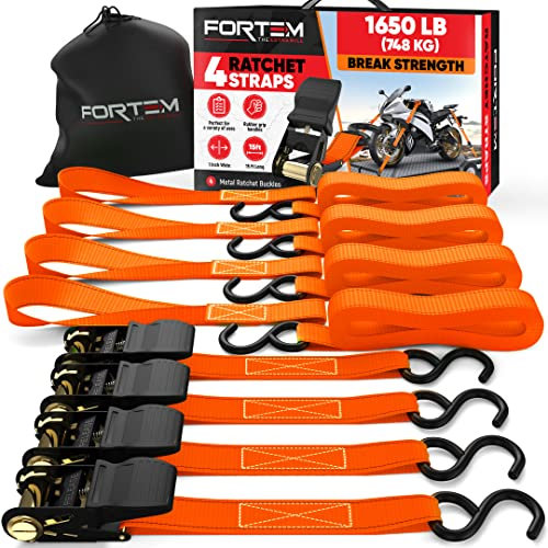 FORTEM Cinghie a Cricchetto, Resistenza fino a 748 Kg, Set da 4 Cinghie di Fissaggio da 4,57 m, 4 Maniglie Morbide, Cinghie Fissaggio per Moto, Ganci in Metallo Rivestiti, Custodia Inclusa (Arancia)