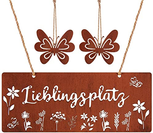Otuuz Letrero de Puerta de Metal Colgante de Color Óxido 25 x 10 cm Cartel de Pared Rústico Decorativo Letrero de Metal de Decoración de Jardín Hermoso con 2 Decoraciones de Mariposas para Hogar