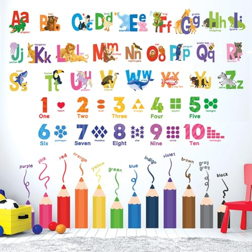 DECOWALL SG3-2316 Alphabet Numbers and Colouring Pencils Wall Stickers Decals Classroom Kids playroom Art Play Room Rainbow ABC Decorations Toddler Color Child Preschool Living Baby Girl Baby boy