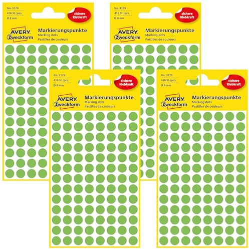 AVERY Zweckform 3179 selbstklebende Markierungspunkte (Ø 8 mm, 416 Klebepunkte auf 4 Bogen, runde Aufkleber für Kalender, Planer und zum Basteln, Papier, matt) leuchtgrün (Packung mit 4)