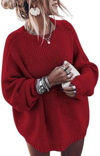ORANDESIGNE Strickpullover Damen Grobmaschig Oversize Winter Pullover Warm Lang Grobstrick Pulli Netz Häkel Grobstrickpullover Grob Strickpulli Dickes Sweatshirt Knitted Sweater Jumper Rot M