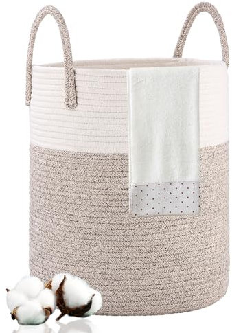 TIDEVAN Baumwollseil Wäschesammler,38L Groß Wäschekorb Wäschekorb Geflochten mit Henkel Faltbar,Aufbewahrungskorb Spielzeug Handarbeit Aus Baumwolle Ideal für Wohnzimmer Kinderzimmer und Schlafzimmer