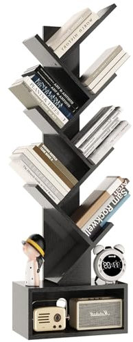 YMYNY Bücherregal im Baumform, 6 Ebenen Raumteiler, Standregal, Modernes Holzregal für Bücher/Filme/CDs, Bücherturm Freistehend für Wohnzimmer, Home Office, Arbeitszimmer, Schwarz HBC016B