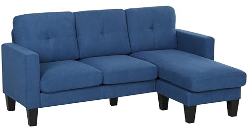 HOMCOM Sofá Chaise Longue Reversible, Sofá de 3 Plazas en Forma de L, Tapizado en Chenilla, Asiento y Respaldo Acolchados, Estructura de Acero, 186x130x84 cm, Azul