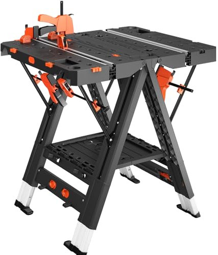 LARBANKE Banco da lavoro pieghevole 2 in 1, tavolo da lavoro pieghevole multifunzione, impermeabile, 79 x 81 x 63,5 cm, tavolo da lavoro pieghevole regolabile in altezza con 4 morsetti per la, R-WT-1