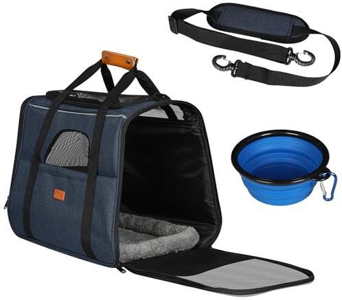 Taylor & Brown Portable Pet Cat Dog Carrier Bag, Foldable Travel Transport Airline Approved Top Opening, Removable Mat and Breathable Mesh for Small Dogs & Cats with Shoulder Strap and Pet Bowl (Blue)