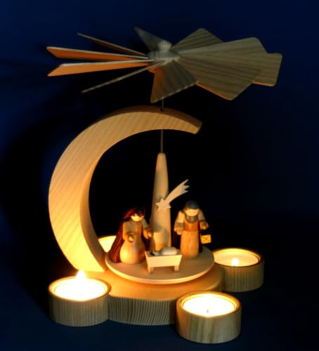 Tisch Pyramide Christi Geburt 23cm für Teelicht aus Massiv Holz - Feine Handwerkskunst aus dem Erzgebirge (RM-CG-1)