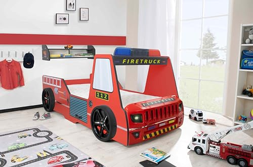 Aileenstore Feuerwehrbett Kinder 90x200 Spielbett Kinderbett Rio Firetruck Autobett Hochglanz mit LED Leuchte (Rot, mit Matratze und Wandregal)
