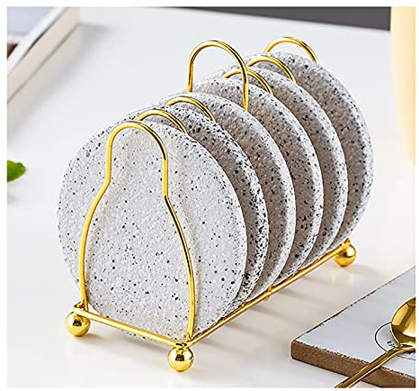 Untersetzer aus Marmor und Granit, 6 Stück, mit rutschfestem Korkboden, Steinuntersetzer-Set für Holztisch, Zuhause und Esszimmer, Dekoration, Einweihungsgeschenk, Metallhalter, Grau