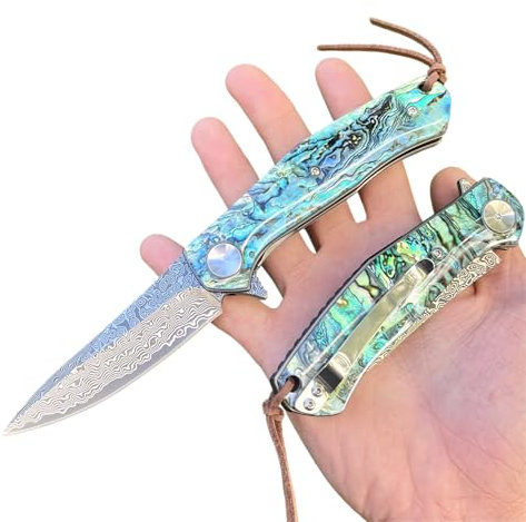 Obespina Couteau Pliant Poche Damas luxe Acier 67 Couches VG10 Damascus Lame Tranchante Manche Abalone Nacre Collection Cadeau Homme edc Custom Artisanat Femme Linerlock Edc