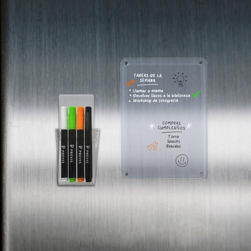 PREVIS Lavagna Magnetica Frigo Transparente A5 Elegante e Minimalista per Scrivere Compiti, Menu, Lista della Spesa con 4 Pennarelli e Supporto Magnetico - Lavagnetta Acrilica Cucina da Frigorifero
