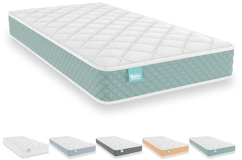 Nalui - Colchón Cuna Viscoelástico 117 x 57 cm Baby One Núcleo HR Adapt Foam, Tejido 3D Transpirable y Tejido Strech Hipoalergénico, Certificado Oeko-Tex® | Hecho en España. Altura ±12cm, Aguamarina