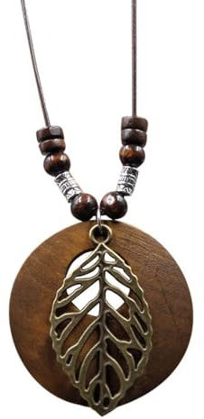 QOZJI Holz Schmuck Damen, holzschmuck, modeschmuck, modeschmuck kette, Halskette Blätter Anhänger aus Holz Handarbeit, längenverstellbar