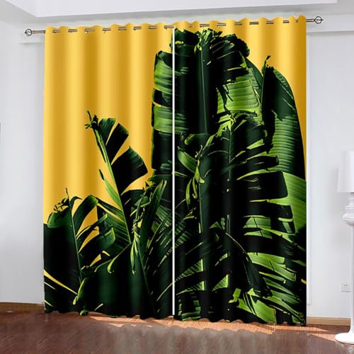 BTYWH Blickdichte Vorhänge mit Ösen Pflanzen 3D Verdunkelungsvorhang 2er Set 170 x 200 cm Bananenblatt Thermovorhang Kälteschutz Gardine Polyester für Schlafzimmer Kinderzimmer Wohnzimmer Dekoration