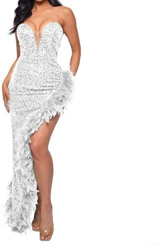 Abito glamour senza spalline con paillettes e finiture in piuma per eventi notturni (M bianco)