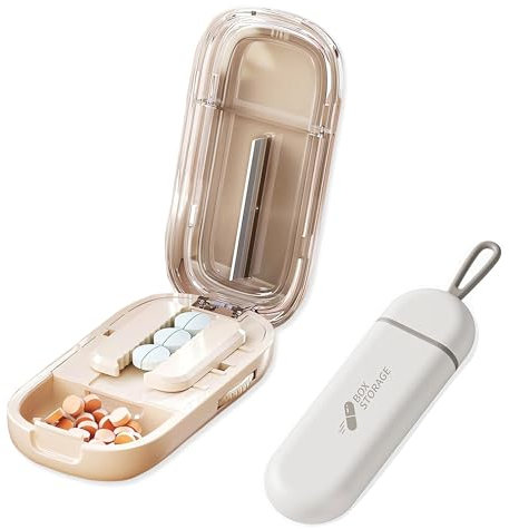 2 Stück Pillenschneider, Medikamententeiler, Tragbarer Tablettenschneider, Tablettenbox Pillendose, Für Tabletten in ein Halbes Viertel Schneiden (Cremeweiß), mit Aufbewahrungsfach für Reise&Haustier