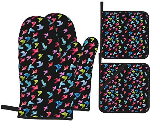Topflappen Und Topflappen Set Von 4 Origami-Vögel Backhandschuhe Wasserfeste Grillhandschuhe Mit Innere Baumwollschicht Topfhandschuhe, Für BBQ, Küche, Backen