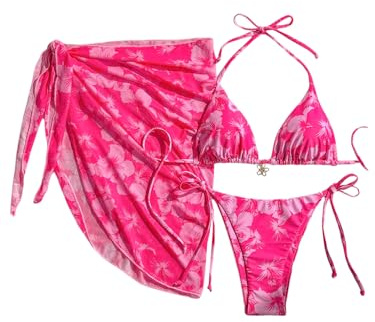 Verdusa Women's 3 Piece Floral Halter Triangle Bikini Set Tie Back Swimsuit with Cover Up Skirt Summer Vacation Outfits Hot Pink X-Small
