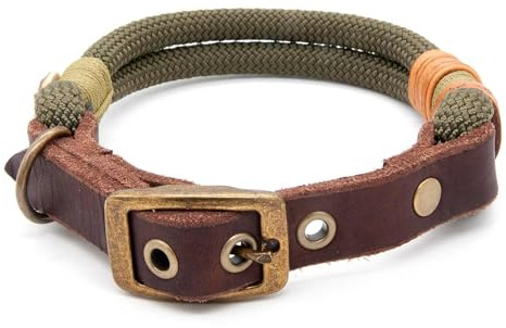 Hundehalsband aus Tau & edlem Leder | Olive Grove | verstellbar & robust | Elegantes, handgefertigtes Design | Halsband Hund für mittelgroße & große Hunde mit Schnalle – Oliv-grün