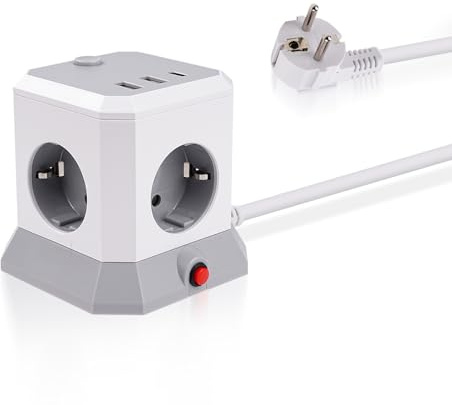 DewinLVD Multiprise Cube avec USB, 7 en 1 Multiprise avec Interrupteur 4 Prises 4000W/16A 2 USB-A 1 USB-C Distributeur de Prises avec 1,8 mètre de câble d'extension pour Le Bureau à Domicile