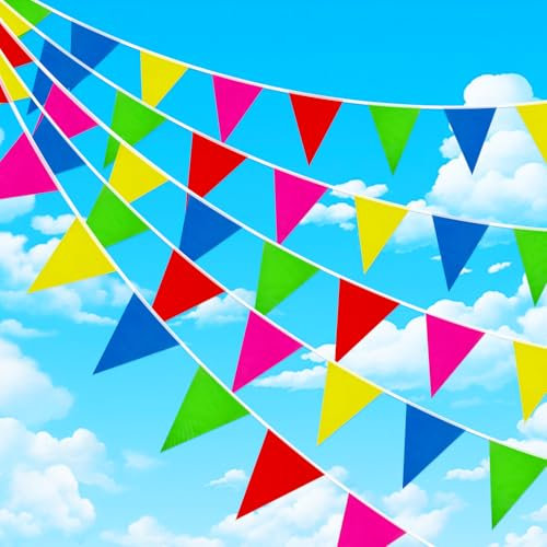 100M 200pcs Bunting Banner Party Decoration, Reusable Waterproof Triangle Flags Bunting, Supply for Indoor Outdoor Wedding Birthday Party Festival Decorations