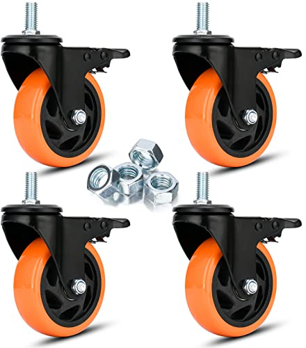 100 mm Gewindebolzen-Lenkrollen-Set (4 Stück), schwere Ausführung, M12 Rollen mit Doppelbremse, industrielle, geräusarme Lenkrollen mit Feststellbremse für Wagen und Möbel