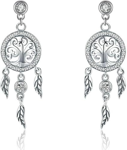 Sterling Silver Jewelry,Fashion 925 Sterling Silver Tree of Life Dream Catcher Drop Earrings for Women Vintage Sterling Silver Jewelry