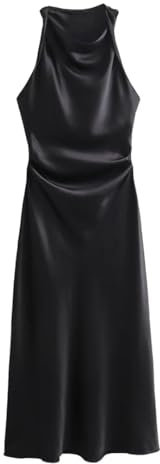 Robe longue en satin plissé sans manches avec col bénitier pour femme, Noir , M