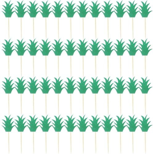 48 Piezas De Adornos Para Magdalenas Con Hojas De Piña Verde, Palillos De Cócteles De Comida Tropical Con Purpurina, Palillos De Dientes, Decoraciones De Pasteles Hawái, Decoración De Donuts Para