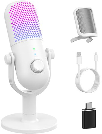 USB Microphone for PC Gaming: Condenser Microphone RGB with Stand Mic - Recording Mic for Computer & Laptop with Quick Mute - Desk Podcast Mic for Podcast & Singing & Streaming & Youtube White