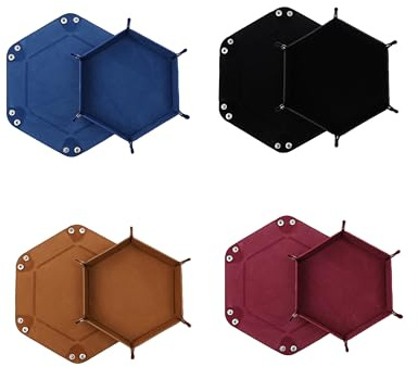 4er Set Würfelteller Hexagon – Faltbare Würfelmatte aus PU-Leder & Samt – Dice Tray/Würfelunterlage für Würfelspiele, – 4 Farben, tragbar (Schwarz, Weinrot, Braun, Blau)