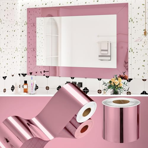 WESTICK 10M Rose Gold Mirror Frame Border Glossy Pink Mirror Tape Peel and Stick Wallpaper Border Trim for Bathroom Waterproof Metallic Bulletin Board Borders for Classroom Nursery Decor 394x3.9