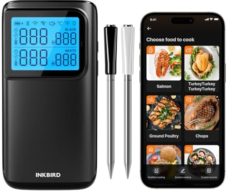 INKBIRD Trådlös multisensor köttermometer med dubbla lägen, WiFi 5G och Bluetooth 5.4-anslutning, 2 sonder med 5 sensorer, hög- och lågtemperaturlarm, för grill, grill och kök