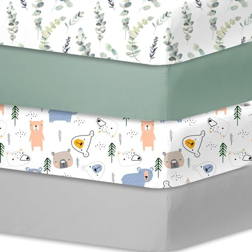 Little Grape Land Spannbettlaken 70x140cm, 4er Set für Babybett & Kinderbett, Weiche Mikrofaser, Atmungsaktiv & Oeko-TEX Zertifiziert, Waschbar, Blätter/Grün/Bär/Grau