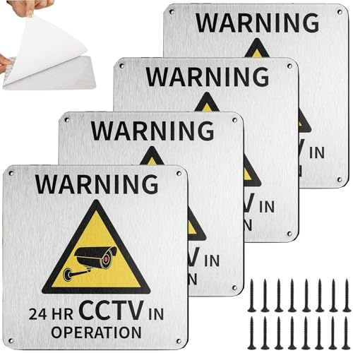 4 Pack CCTV Sign, 15cm x 15cm, 24 HR CCTV In Operation Signself Adhesive CCTV Signs with Screwscctv Sticker for Shop, Home, Office, Warehouse