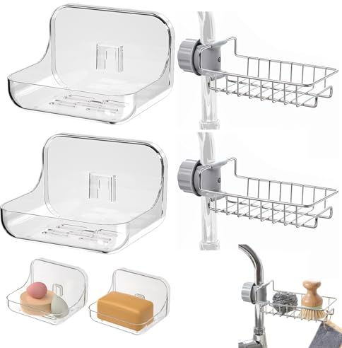 HEUIOP 4Pcs Shower Soap Holder No Drill Wall Mounted&Pipe Hanging Soap Dish Holder Shower Shampoo Dish for Kitchen Sink Bathroom RVs PET Stainless Steel