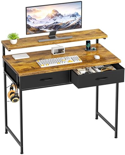 Computer Desk with Adjustable Monitor Stand, 2 Storage Drawers Vintage 80cm